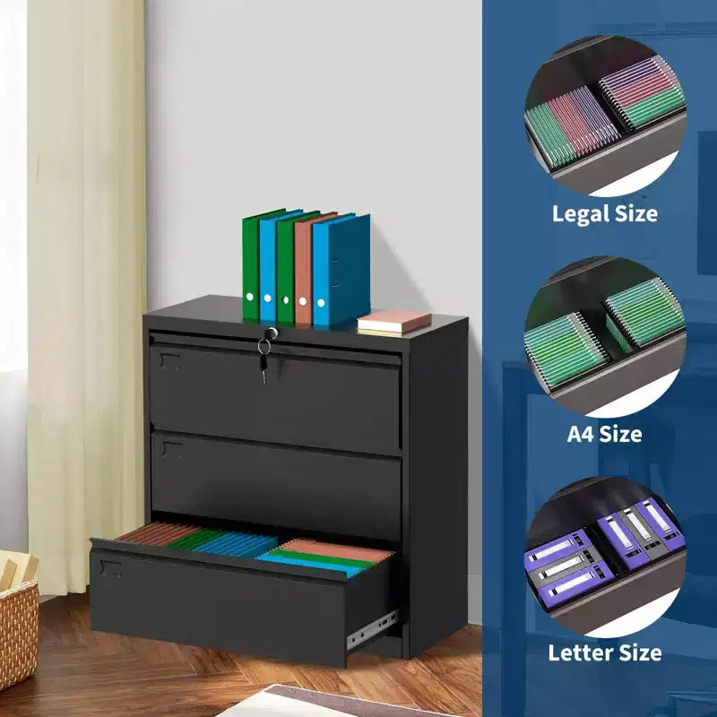 TROPOW Classificatore Laterale a 3 Cassetti - Mobiletto in Metallo Nero con Serratura per Documenti Letter/Legal/A4 (Uso Domestico/Ufficio)
