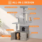 Albero tiragraffi, mobile copri lettiera - Mobile bagno per animali domestici 2-in-1 nascosto con pali tiragraffi in sisal, amache, cuccia, piattaforme multiple per gatti