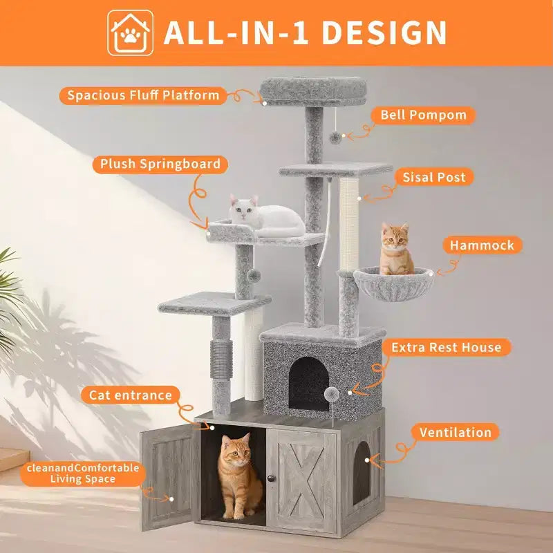 Albero tiragraffi, mobile copri lettiera - Mobile bagno per animali domestici 2-in-1 nascosto con pali tiragraffi in sisal, amache, cuccia, piattaforme multiple per gatti