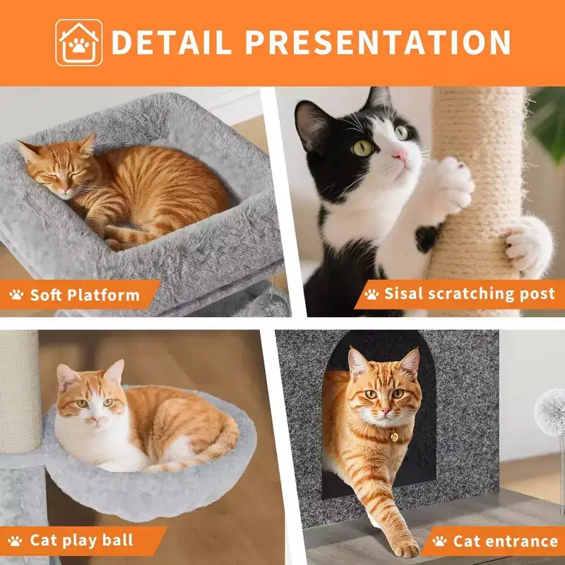 Albero tiragraffi, mobile copri lettiera - Mobile bagno per animali domestici 2-in-1 nascosto con pali tiragraffi in sisal, amache, cuccia, piattaforme multiple per gatti