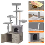 Albero tiragraffi, mobile copri lettiera - Mobile bagno per animali domestici 2-in-1 nascosto con pali tiragraffi in sisal, amache, cuccia, piattaforme multiple per gatti
