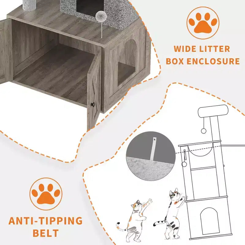 Albero tiragraffi, mobile copri lettiera - Mobile bagno per animali domestici 2-in-1 nascosto con pali tiragraffi in sisal, amache, cuccia, piattaforme multiple per gatti