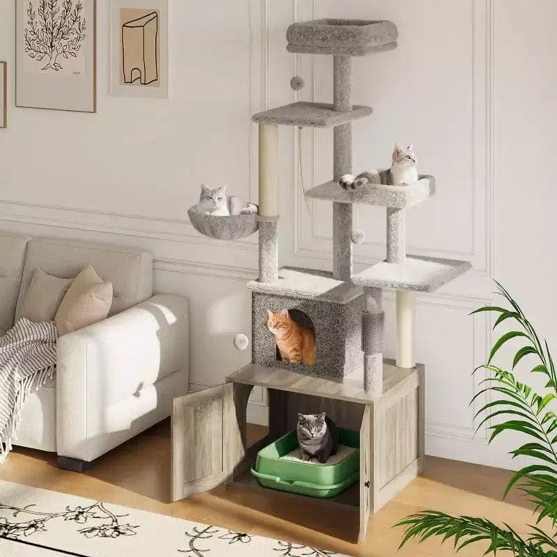 Albero tiragraffi, mobile copri lettiera - Mobile bagno per animali domestici 2-in-1 nascosto con pali tiragraffi in sisal, amache, cuccia, piattaforme multiple per gatti