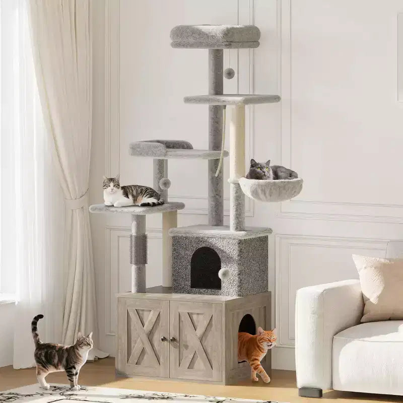 Albero tiragraffi, mobile copri lettiera - Mobile bagno per animali domestici 2-in-1 nascosto con pali tiragraffi in sisal, amache, cuccia, piattaforme multiple per gatti