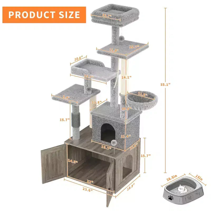 Albero tiragraffi, mobile copri lettiera - Mobile bagno per animali domestici 2-in-1 nascosto con pali tiragraffi in sisal, amache, cuccia, piattaforme multiple per gatti