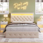 COZONY Full/Queen Upholstered Bed Frame with Adjustable Headboard & Charging Station, No Box Spring