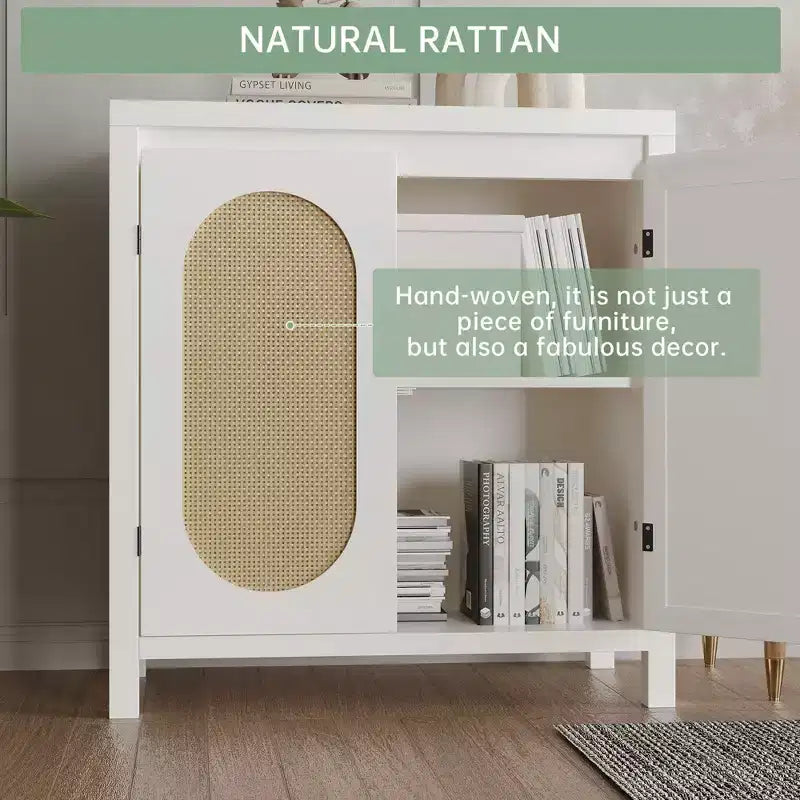 Mobiletto contenitore in rattan GustoWave con ante in PVC intrecciato, credenza/buffet in legno con ripiano regolabile, mobiletto bar in legno