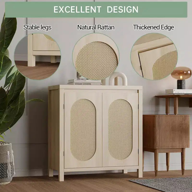 Mobiletto contenitore in rattan GustoWave con ante in PVC intrecciato, credenza/buffet in legno con ripiano regolabile, mobiletto bar in legno