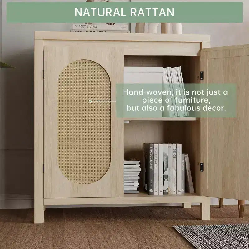 Mobiletto contenitore in rattan GustoWave con ante in PVC intrecciato, credenza/buffet in legno con ripiano regolabile, mobiletto bar in legno