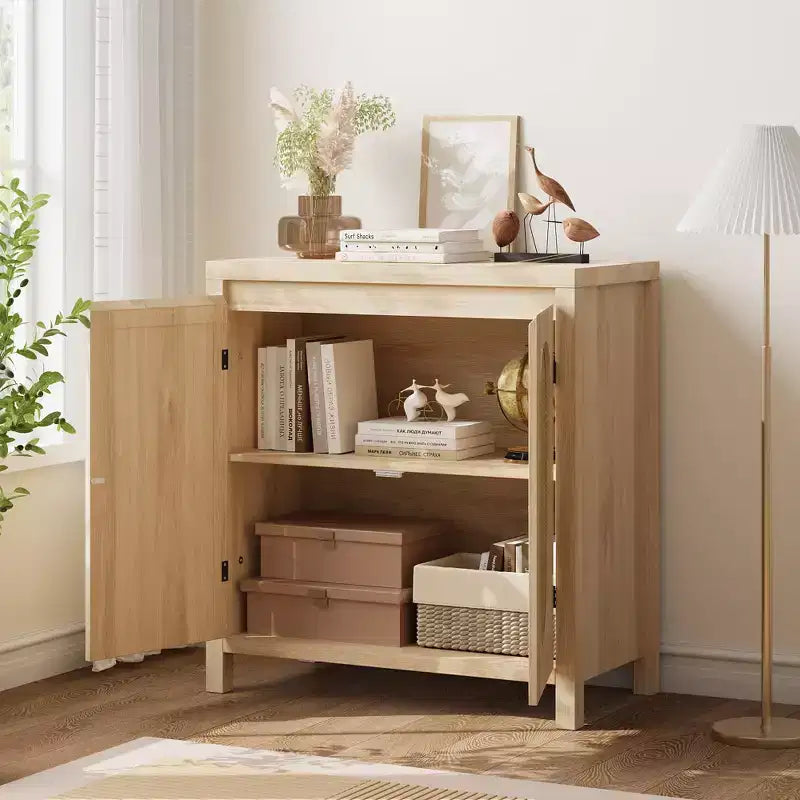 Mobiletto contenitore in rattan GustoWave con ante in PVC intrecciato, credenza/buffet in legno con ripiano regolabile, mobiletto bar in legno