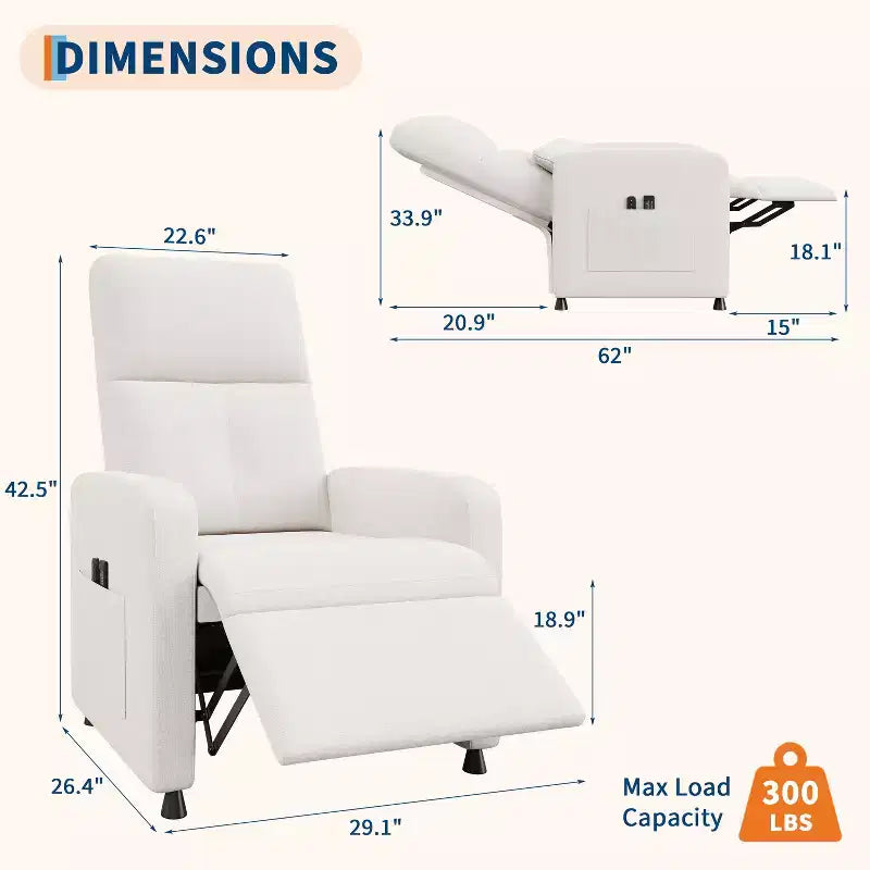 Poltrona reclinabile elettrica con calore e massaggio, poltrona reclinabile con sollevamento elettrico con seduta imbottita e 2 tasche laterali, poltrona singola per soggiorno, camera da letto