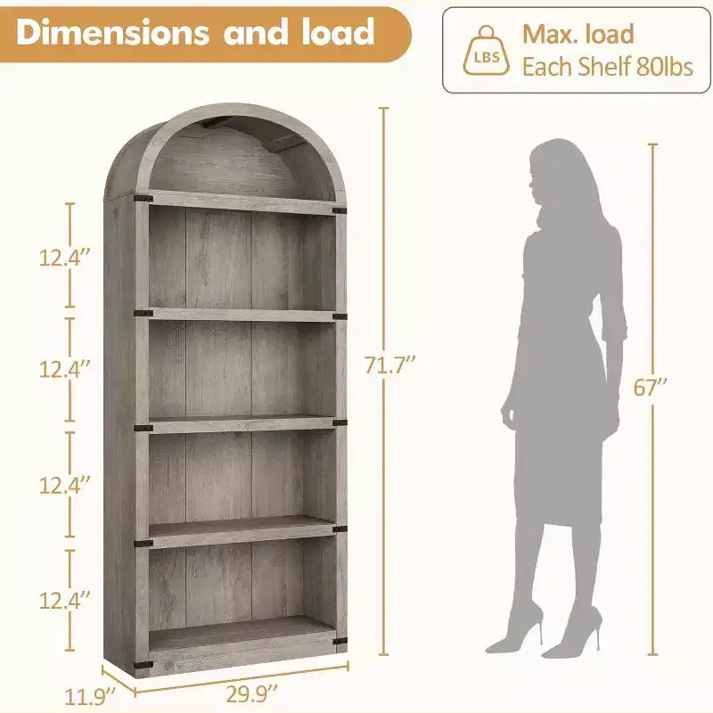 Libreria a 5 ripiani ad arco alta 180 cm con ampio spazio di archiviazione, scaffale in stile moderno di metà secolo per soggiorno, camera da letto e ufficio