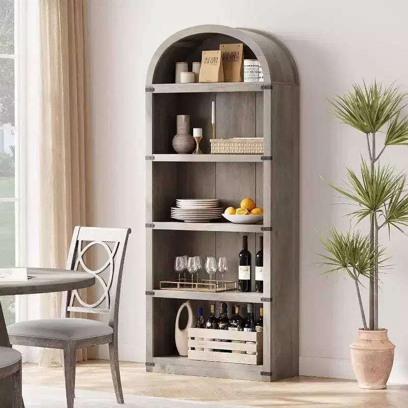 Libreria a 5 ripiani ad arco alta 180 cm con ampio spazio di archiviazione, scaffale in stile moderno di metà secolo per soggiorno, camera da letto e ufficio
