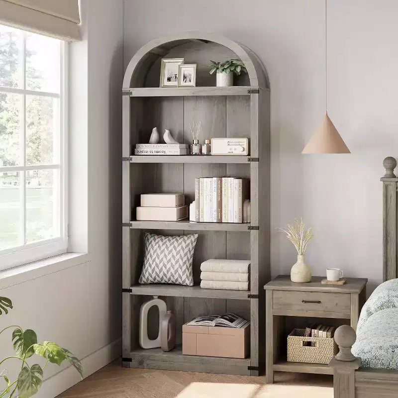 Libreria a 5 ripiani ad arco alta 180 cm con ampio spazio di archiviazione, scaffale in stile moderno di metà secolo per soggiorno, camera da letto e ufficio