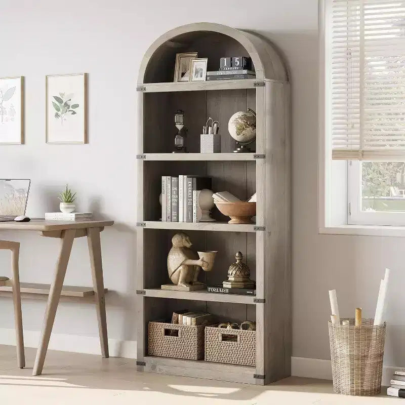 Libreria a 5 ripiani ad arco alta 180 cm con ampio spazio di archiviazione, scaffale in stile moderno di metà secolo per soggiorno, camera da letto e ufficio