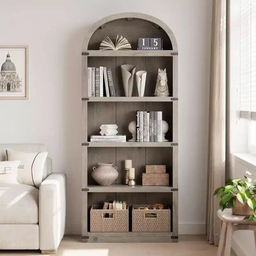 Libreria a 5 ripiani ad arco alta 180 cm con ampio spazio di archiviazione, scaffale in stile moderno di metà secolo per soggiorno, camera da letto e ufficio