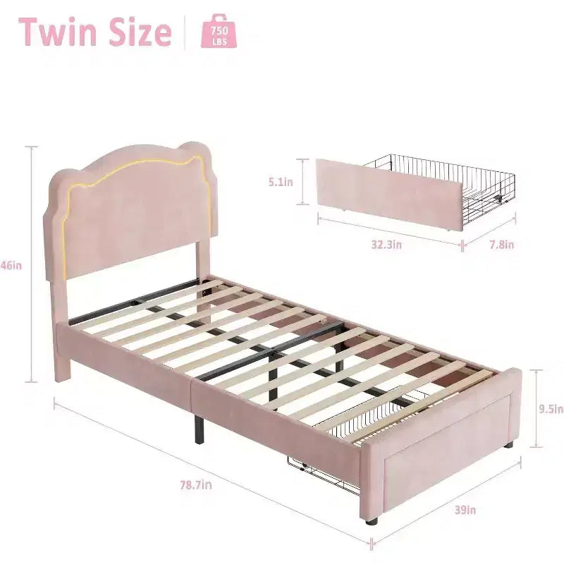 Letto Matrimoniale Smart LED - Testiera Regolabile, Base Imbottita in Velluto, Nessuna Rete a Molle, Doghe in Legno