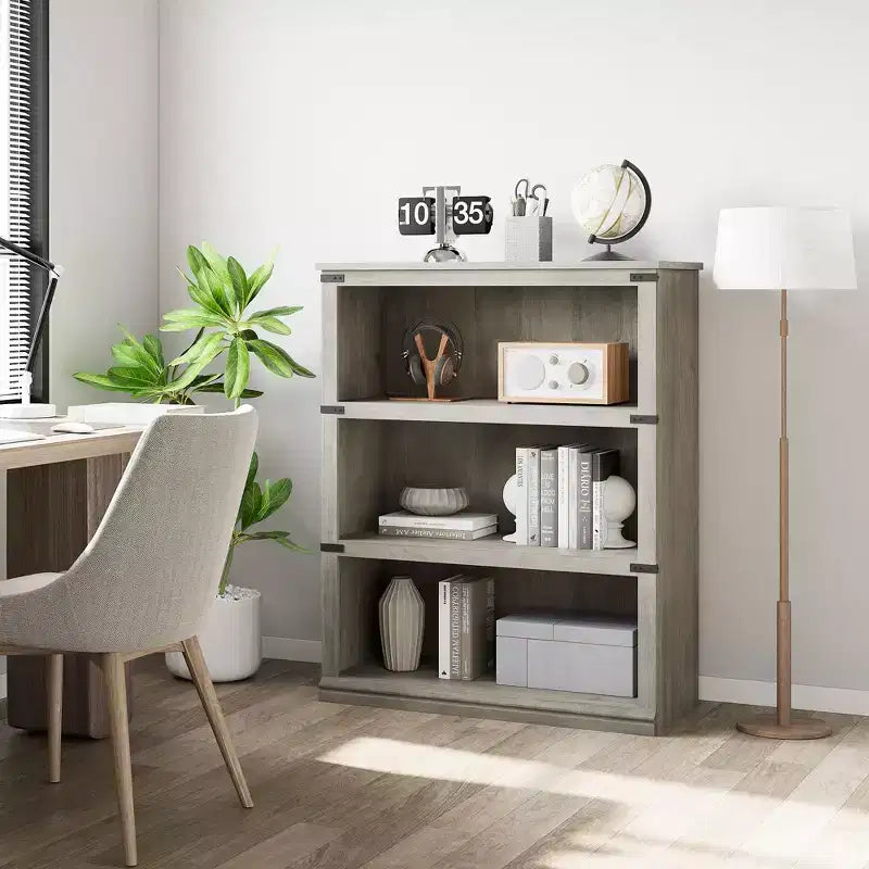 Libreria/Scaffale in legno a 3 ripiani in stile rustico di colore grigio alto 171 cm con 3 ampi ripiani aperti per soggiorno, casa, ufficio