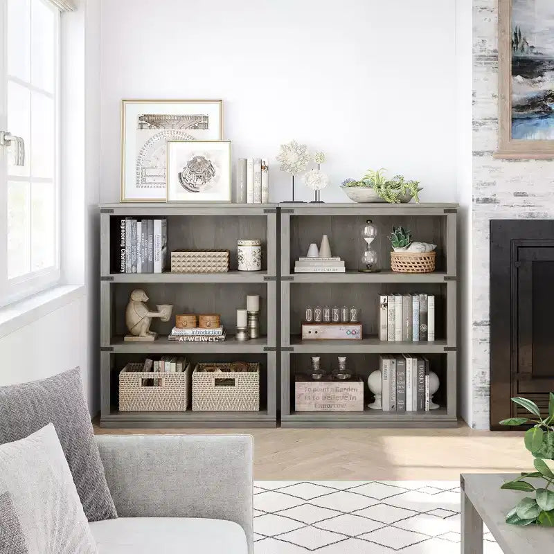 Libreria/Scaffale in legno a 3 ripiani in stile rustico di colore grigio alto 171 cm con 3 ampi ripiani aperti per soggiorno, casa, ufficio