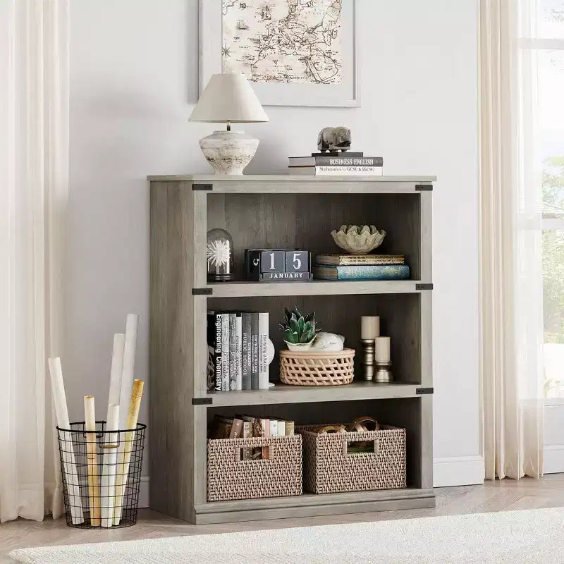 Libreria/Scaffale in legno a 3 ripiani in stile rustico di colore grigio alto 171 cm con 3 ampi ripiani aperti per soggiorno, casa, ufficio