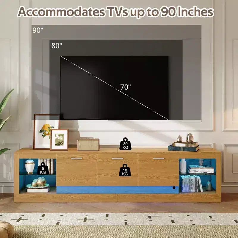 Mobile TV a LED per TV fino a 90 pollici, Consolle TV moderna Media Console Centro di intrattenimento con ripiani in vetro, Naturale - ModernLuxe
