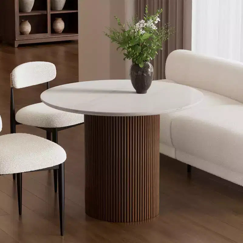 Tavolo da pranzo in finto marmo - Piano in pietra sinterizzata da 42" e base in legno massello, tavolo da pranzo rotondo scanalato in stile moderno per cucina - Morden Fort