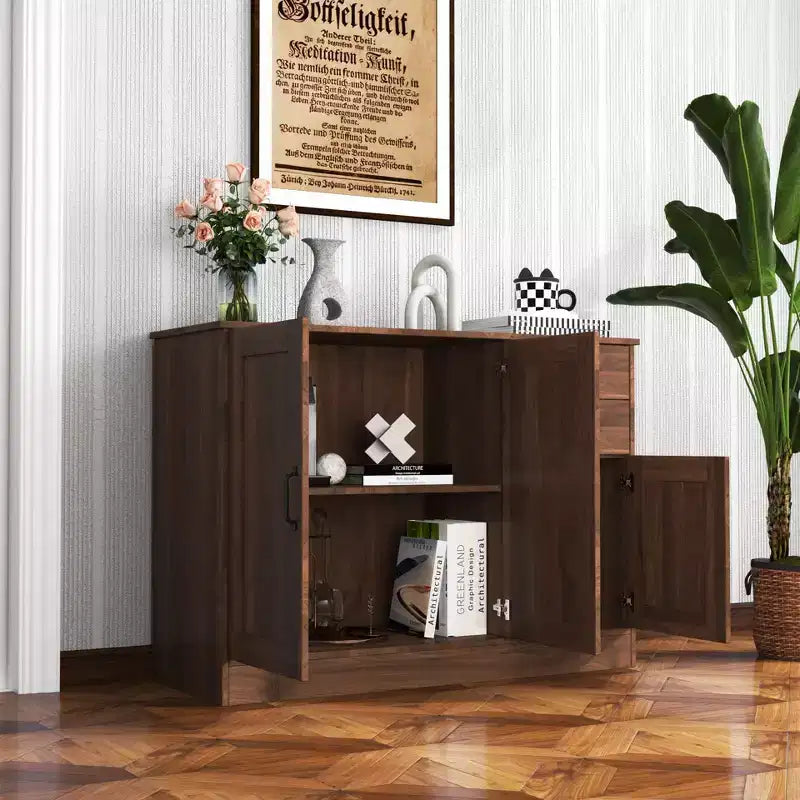 Credenza Moderna Okak, Mobile Buffet con 3 Ante e 2 Cassetti, Mobile Contenitore per Soggiorno, Sala da Pranzo, Cucina