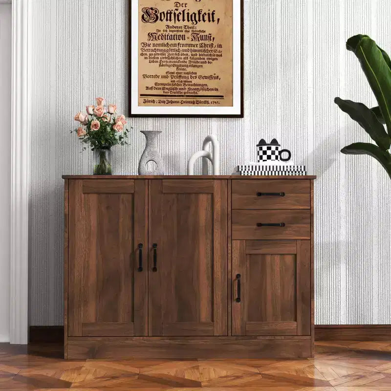 Credenza Moderna Okak, Mobile Buffet con 3 Ante e 2 Cassetti, Mobile Contenitore per Soggiorno, Sala da Pranzo, Cucina