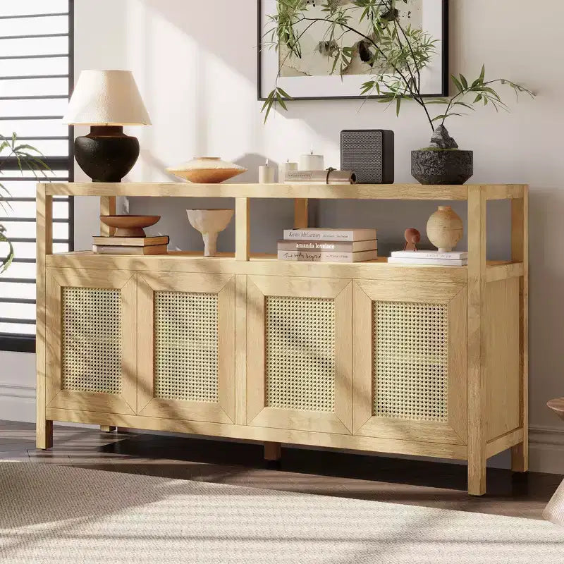 Mobile credenza Okak in stile bohémien, mobile credenza con 4 ante e 1 ripiano aperto, mobile contenitore per soggiorno, sala da pranzo, cucina