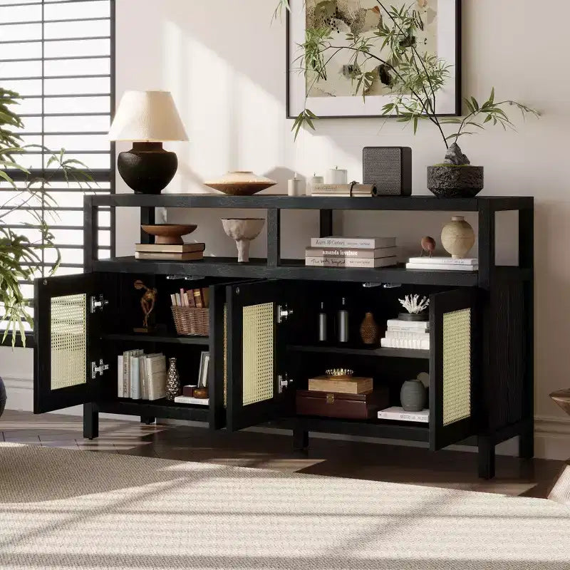 Mobile credenza Okak in stile bohémien, mobile credenza con 4 ante e 1 ripiano aperto, mobile contenitore per soggiorno, sala da pranzo, cucina