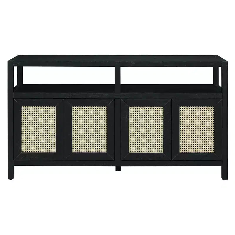 Mobile credenza Okak in stile bohémien, mobile credenza con 4 ante e 1 ripiano aperto, mobile contenitore per soggiorno, sala da pranzo, cucina