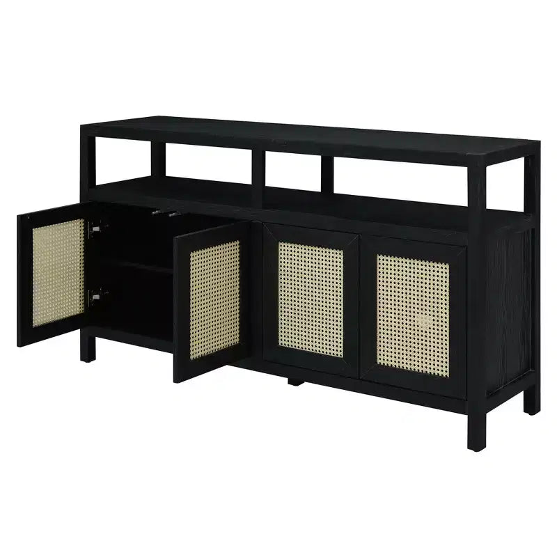 Mobile credenza Okak in stile bohémien, mobile credenza con 4 ante e 1 ripiano aperto, mobile contenitore per soggiorno, sala da pranzo, cucina