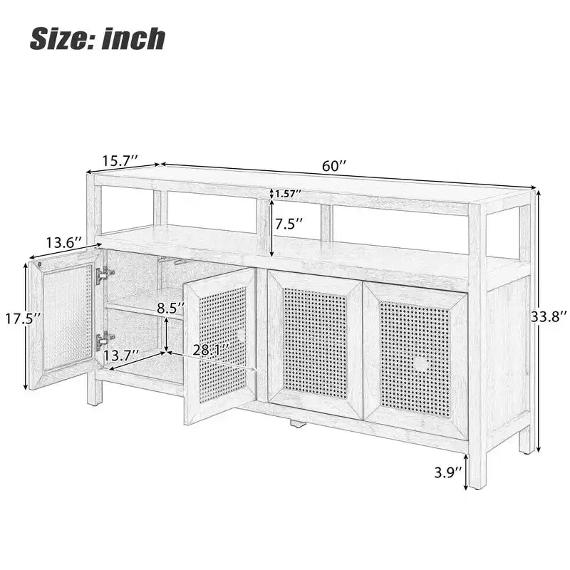 Mobile credenza Okak in stile bohémien, mobile credenza con 4 ante e 1 ripiano aperto, mobile contenitore per soggiorno, sala da pranzo, cucina