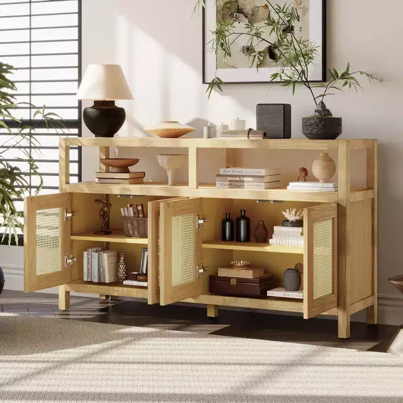Mobile credenza Okak in stile bohémien, mobile credenza con 4 ante e 1 ripiano aperto, mobile contenitore per soggiorno, sala da pranzo, cucina