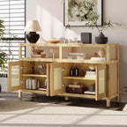 Mobile credenza Okak in stile bohémien, mobile credenza con 4 ante e 1 ripiano aperto, mobile contenitore per soggiorno, sala da pranzo, cucina