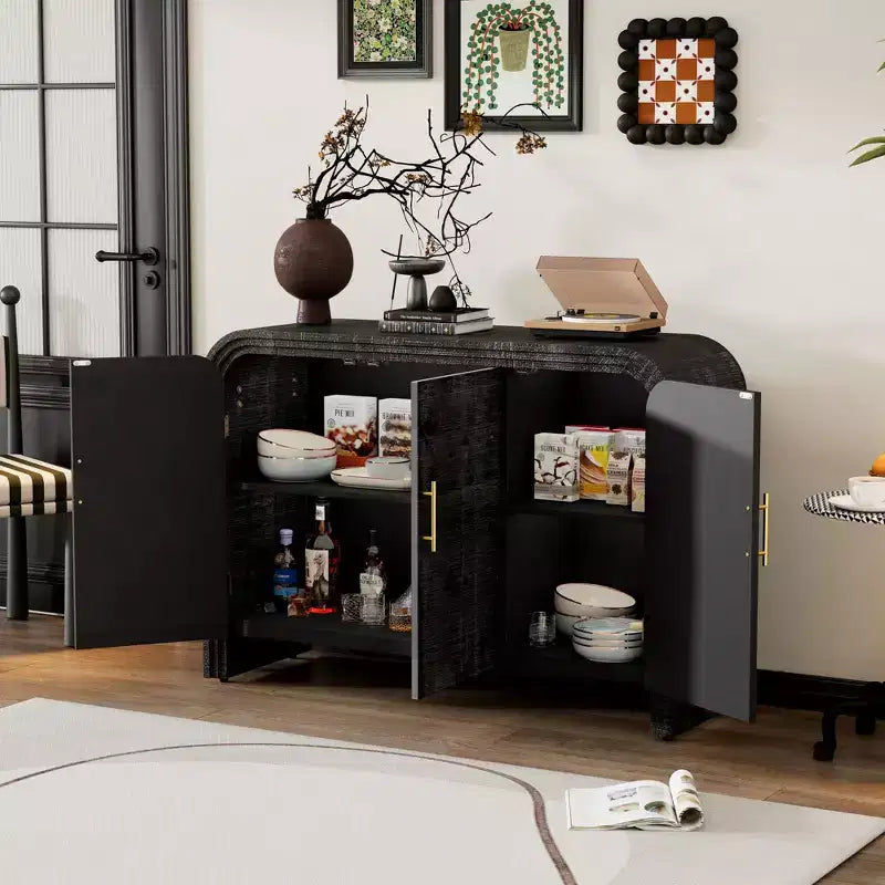 Mobile credenza Okak minimalista, mobile a buffet con 4 ante e 4 ripiani, mobiletto contenitore per soggiorno, sala da pranzo, cucina