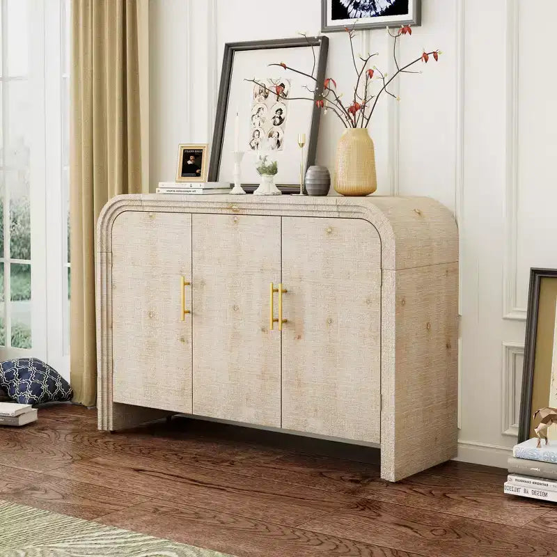 Mobile credenza Okak minimalista, mobile a buffet con 4 ante e 4 ripiani, mobiletto contenitore per soggiorno, sala da pranzo, cucina