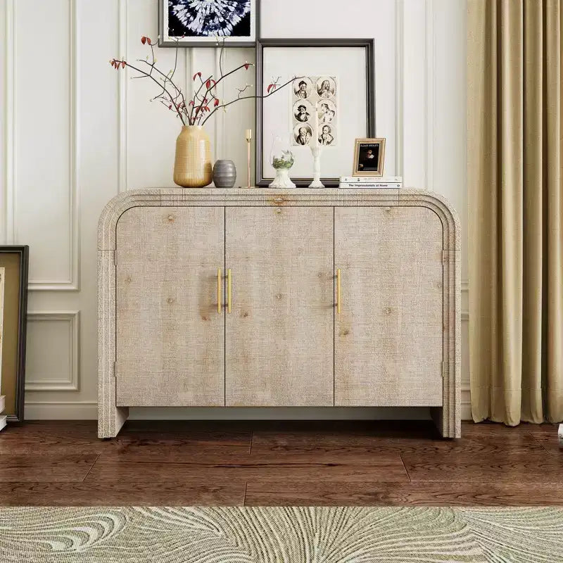 Mobile credenza Okak minimalista, mobile a buffet con 4 ante e 4 ripiani, mobiletto contenitore per soggiorno, sala da pranzo, cucina