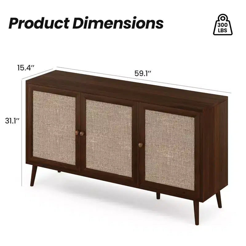 Mobile Credenza Okak, Mobile Buffet con 3 Ante Decorate in Rattan, Mobile Contenitore per Soggiorno, Sala da Pranzo, Cucina