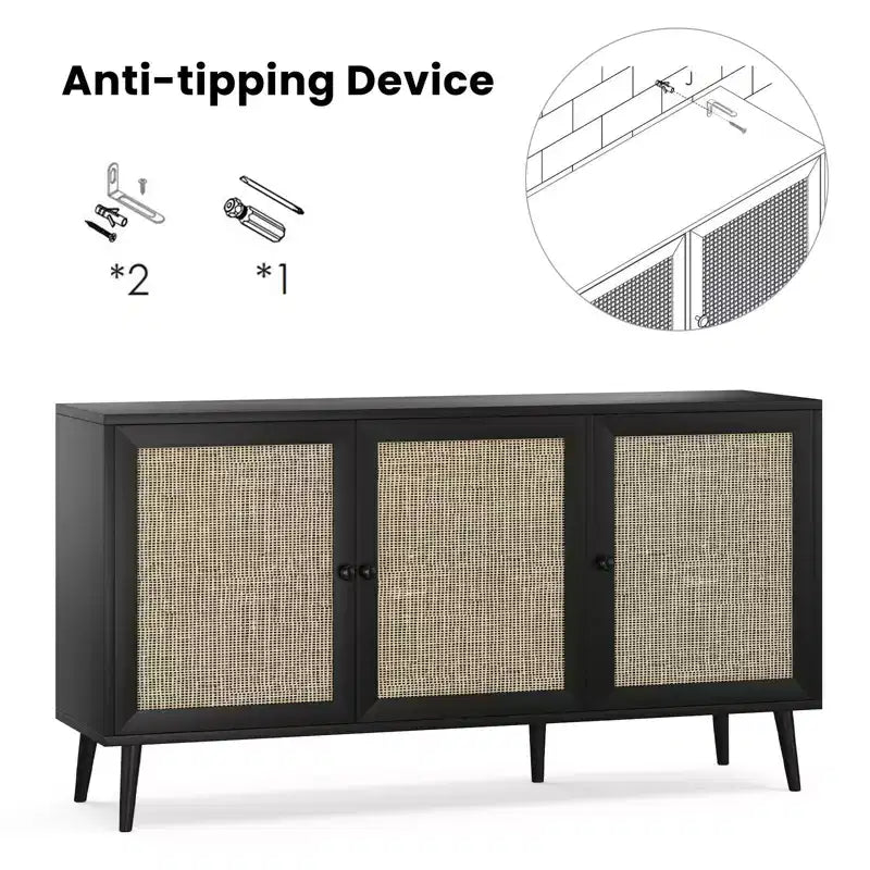 Mobile Credenza Okak, Mobile Buffet con 3 Ante Decorate in Rattan, Mobile Contenitore per Soggiorno, Sala da Pranzo, Cucina