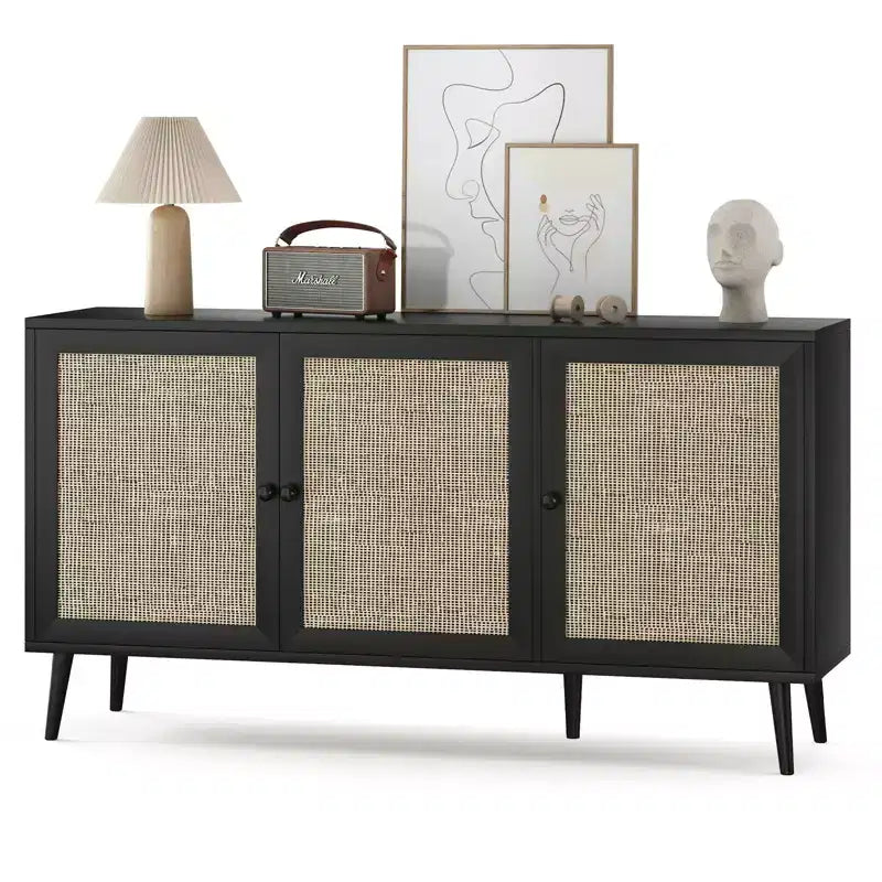 Mobile Credenza Okak, Mobile Buffet con 3 Ante Decorate in Rattan, Mobile Contenitore per Soggiorno, Sala da Pranzo, Cucina