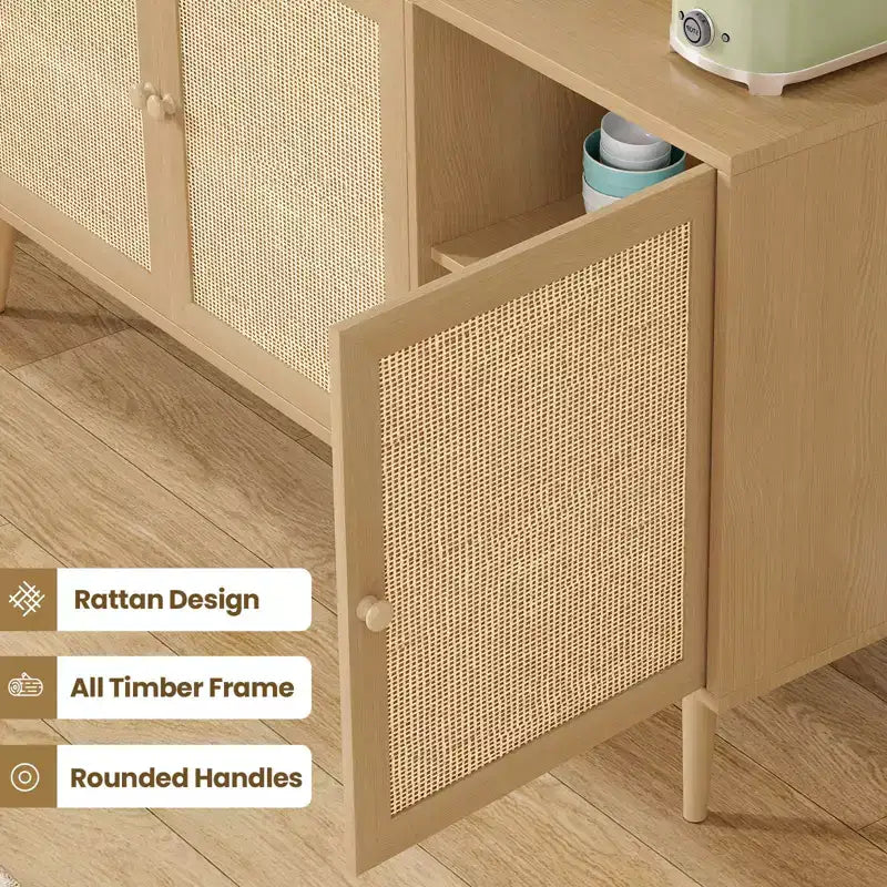 Mobile Credenza Okak, Mobile Buffet con 3 Ante Decorate in Rattan, Mobile Contenitore per Soggiorno, Sala da Pranzo, Cucina