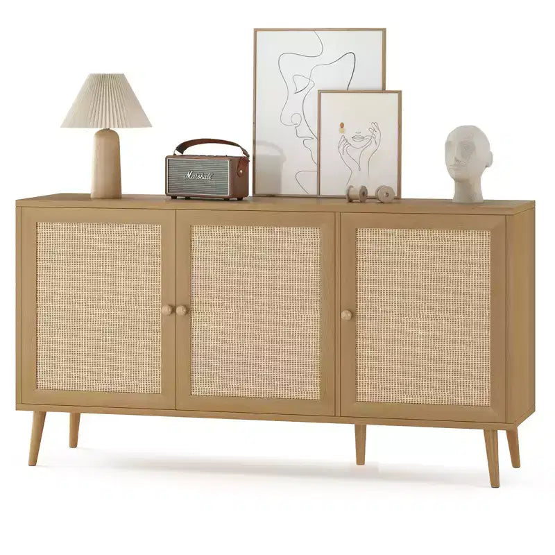Mobile Credenza Okak, Mobile Buffet con 3 Ante Decorate in Rattan, Mobile Contenitore per Soggiorno, Sala da Pranzo, Cucina
