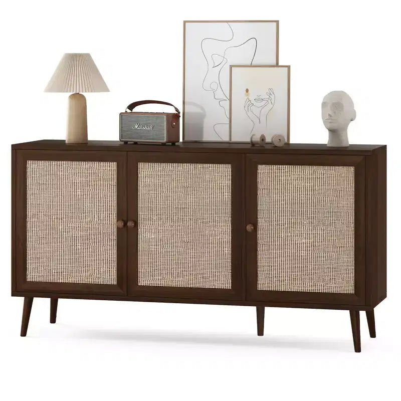 Mobile Credenza Okak, Mobile Buffet con 3 Ante Decorate in Rattan, Mobile Contenitore per Soggiorno, Sala da Pranzo, Cucina