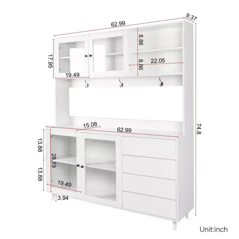 Okak 63in Dispensa, Mobile da Cucina Autoportante con 4 Ante e 4 Cassetti, Mobile Contenitore per Soggiorno, Sala da Pranzo