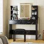 Toeletta da trucco con specchio, set tavolo e sedia da trucco con 2 cassetti portaoggetti, 4 ripiani, 3 modalità di illuminazione, per soggiorno, casa