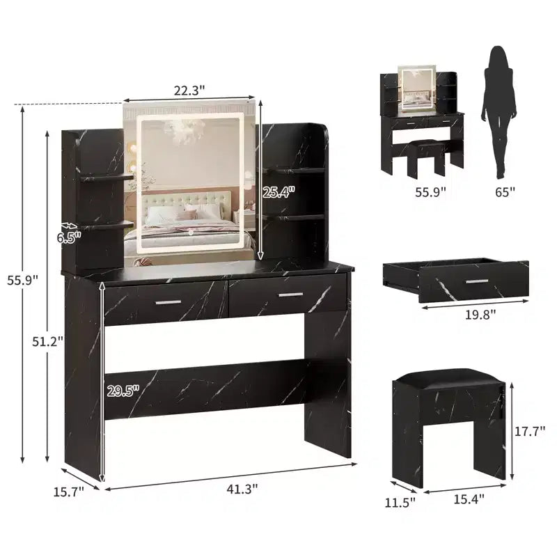 Toeletta da trucco con specchio, set tavolo e sedia da trucco con 2 cassetti portaoggetti, 4 ripiani, 3 modalità di illuminazione, per soggiorno, casa