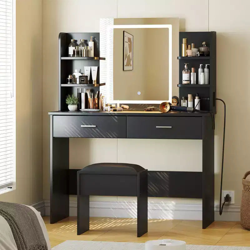Toeletta da trucco con specchio, set tavolo e sedia da trucco con 2 cassetti portaoggetti, 4 ripiani, 3 modalità di illuminazione, per soggiorno, casa