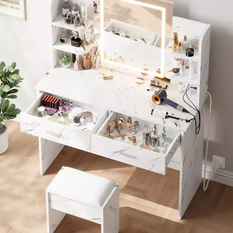 Toeletta da trucco con specchio, set tavolo e sedia da trucco con 2 cassetti portaoggetti, 4 ripiani, 3 modalità di illuminazione, per soggiorno, casa