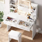 Toeletta da trucco con specchio, set tavolo e sedia da trucco con 2 cassetti portaoggetti, 4 ripiani, 3 modalità di illuminazione, per soggiorno, casa
